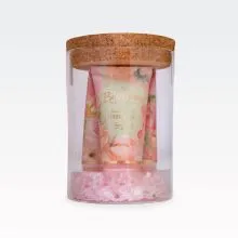Kopalni set, BLOSSOM, 3/1, (30ml gel za tuširanje, 30ml losjon za telo, 30ml krema za roke in nohte), z vonjem jasmin/breskev v stekleni dozi s pokrovom iz plute