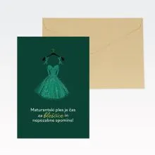 Voščilnica, matura, Maturantski ples je čas za bleščice in nepozabne spomine!, oblekca na obešalniku, temno zelena, folija