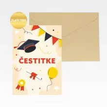 Voščilnica, diploma, Čestitke, diplomska kapa, rumena, zlati tisk