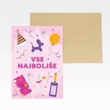Voščilnica, rojstni dan, Vse najboljše, praznovanje, roza, folija