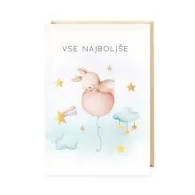Voščilnica, rojstni dan, Vse najboljše, zajček na balonu, bela