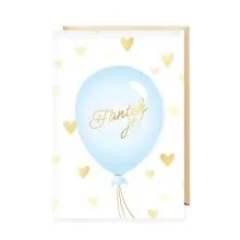 Voščilnica, rojstvo, Fantek je!, moder balon, srčki, bela
