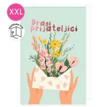 Voščilnica velika, ženska, splošna, Dragi prijateljici, kuverta s cvetjem, zelena