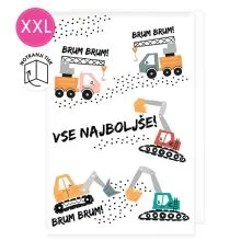 Voščilnica velika, otroška, rojstni dan, Vse najboljše, delovni stroji, bela