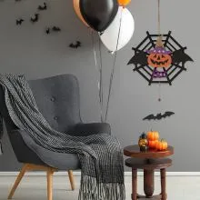 Pajčevina, viseča dekoracija z motivom za halloween, les, 16x16cm, sort.