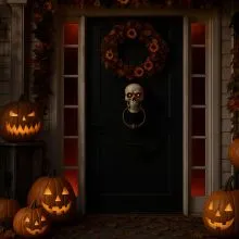 Dekoracija za halloween, smrtna glava, tolkalo za vrata, z rdečimi LED očmi, ter zvokom, PVC, 29cm