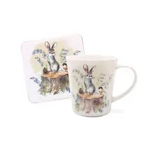 Lonček s podstavkom, zajček in ptič, kitajski porcelan, 9cm, v darilni embalaži