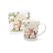 Lonček s podstavkom, koza in kokoš, kitajski porcelan, 9cm, v darilni embalaži