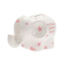 Hranilnik, slon, roza, My first money bank, kitajski porcelan, 8.5x13.5cm
