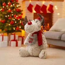 Los z božično kapo, sedeč, siv, poliester, 22x43cm