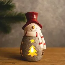 Snežak s sivim  predpasnikom z LED lučko, lončenina, 7.3x7.1x14.3cm