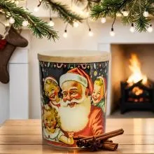 Sveča v steklenem kozarcu CHRISTMAS EVE, božična, s pokrovom iz bambusa, vonj cimet, 10cm