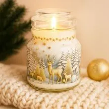 Sveča v steklem kozarcu BLUE CHRISTMAS, božična, s steklenim pokrovom, vonj cimet in pomaranča, 10cm