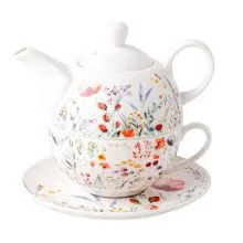Set skodelica, podstavek in čajnik, travniško cvetje, new bone China, 390ml