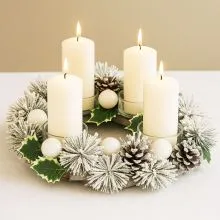 Adventni venček okrogel, bel, naravni material, PVC, steklo, 34x34x8cm