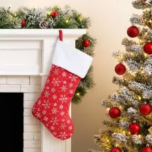 Božična nogavica, rdeča s snežinkami, 100% poliester, 42cm