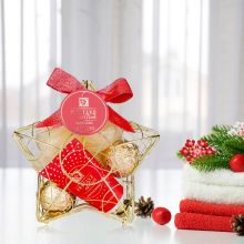 Kopalni set FESTIVE EDITION, (50ml losjon za telo, 2x 40g kopalna kroglica, goba za umivanje), z vonjem Winter Berry, v koviski košari v obliki zvezde
