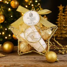 Kopalni set FESTIVE EDITION, (50ml losjon za telo, 2x 40g kopalna kroglica, goba za umivanje), z vonjem Vanilla, v koviski košari v obliki zvezde
