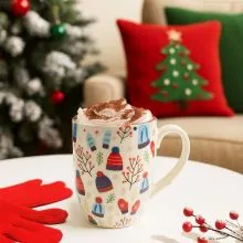 Lonček božični, bel z različnimi motivi, s svetlečim premazom, porcelan, 8x9.5cm, sort.