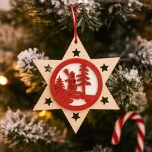 Obesek božični, zvezdica s snežakom, natur/rdeč, MDF,10cm,
