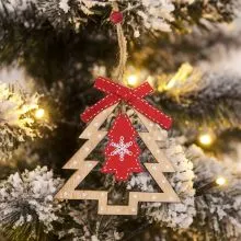 Obesek božični, smrekica, natur/rdeča, s pentljo, MDF,9-10cm