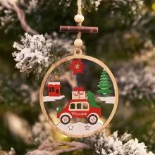 Obesek božični, krogec z avtom, natur/pisan, MDF, 9-10cm