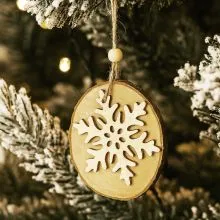 Obesek božični, lesen krog, snežinka, zlata, MDF, 8-9cm
