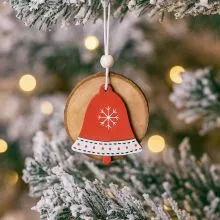 Obesek božični, lesen krog, zvonček, rdeč, MDF, 7.5cm
