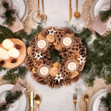 Adventni venček okrogel, naravni material, steklo, 31x31x9 cm