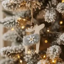 Obesek božični, jelenček s krznom, siv, MDF, 9-10cm