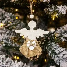 Obesek božični, angelček, natur, z juto in kraguljčki, MDF, 9-10cm