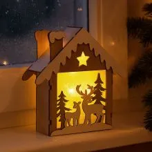 Hiška z jelenčki, božična dekoracija, z LED lučko, natur/bela, MDF, 15x13x4cm