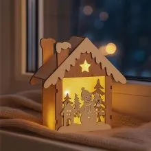 Hiška s snežakom, božična dekoracija, z LED lučko, natur/bela, MDF,15x13x4cm