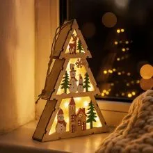 Smrekica, božična dekoracija, z LED lučko, natur/pisana, MDF, 20x14x3cm