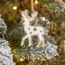 Obesek božični, jelenček, natur/bel, MDF, 7cm
