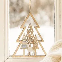 Obesek božični, smrekica z jelenčkom, natur, MDF, 20cm