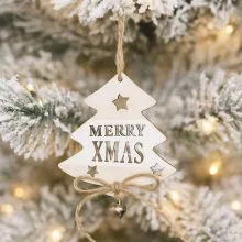 Obesek božični, smrekica, Merry Xmas, natur, s kraguljčkom, MDF, 7.5cm