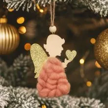 Obesek božični, angelček, natur z roza volno, MDF, 8.5cm