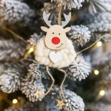 Obesek božični, jelenček Rudolf, natur z belo volno, MDF, 8.5cm