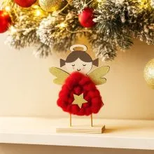 Punčka, angelček s krili, natur z rdečo volno, MDF, 16cm, sort.