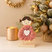 Punčka, angelček s krili, natur z roza volno, MDF, 16cm