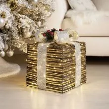 Dekoracija božična z led lučkami, v obliki darila, rjav ratan s srebrno pentljo, za notranjo uporabo, 30 LED, 8 funkcij, 15cm