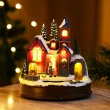 Cerkev z vlakom, božična dekoracija, z LED lučko in glasbo, polimasa, na baterije/USB, 18.2x18.2x20cm