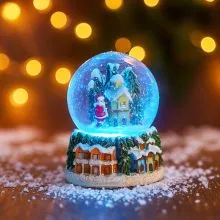 Snežna krogla, božiček s hiško na vzpetini, z LED lučko, polimasa, 6.5x6.5x10cm, sort.