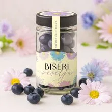 Dražeji v steklenički, BISERI VESELJA, borovnice v beli čokoladi, 125 g