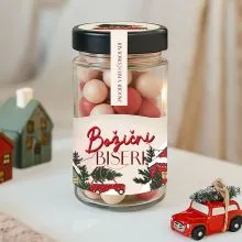 Dražeji v steklenički, BOŽIČNI BISERI, jagode v beli čokoladi, 125 g