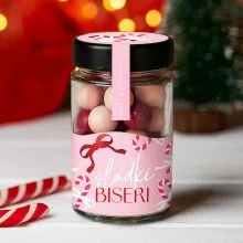 Dražeji v steklenički, SLADKI BISERI,  jagode v beli čokoladi, 125 g