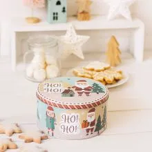 Škatla za kekse, kovinska, okrogla, božični motiv, HO,HO,HO!, 14x14x7cm