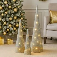 Božična dekoracija, stožec z LED lučko, srebrno/zlat, na baterije, 13.5x13.5x60cm