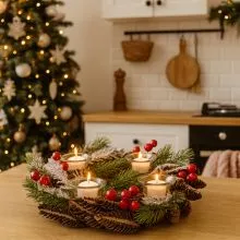 Adventni venček okrogel, naravni material, PVC, steklo, 33x33x8cm